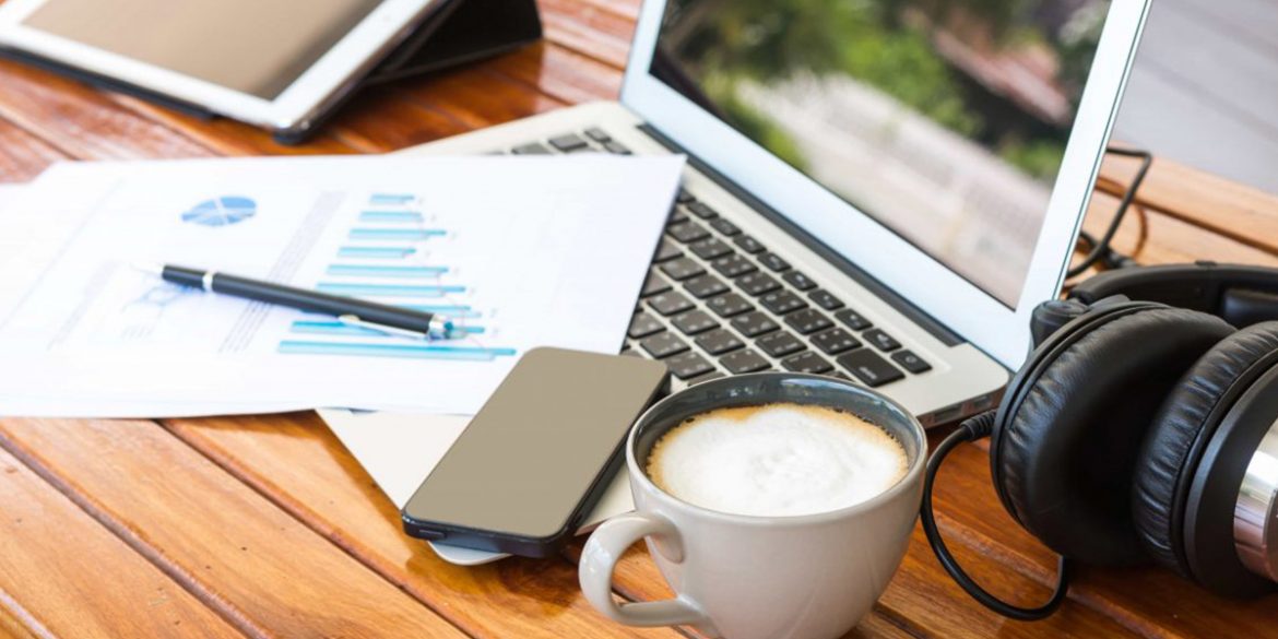 Working station with coffee and documents