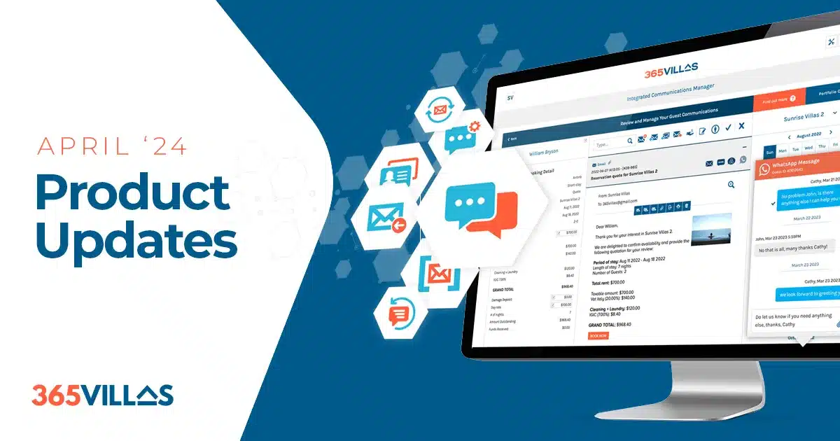 Product update post for April 2024, showcasing 365villas features