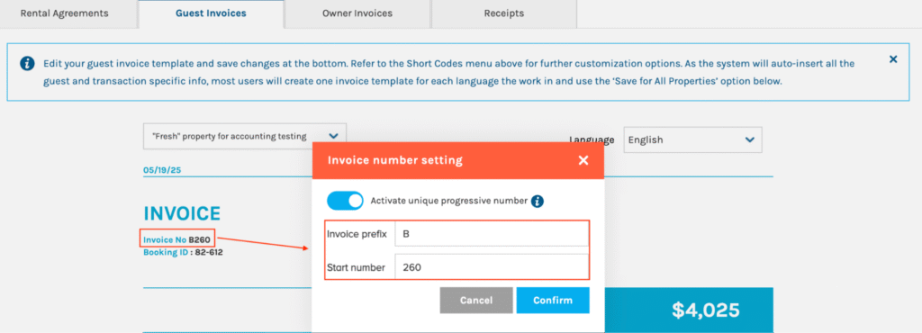 Progressive invoice numbering settings screen
