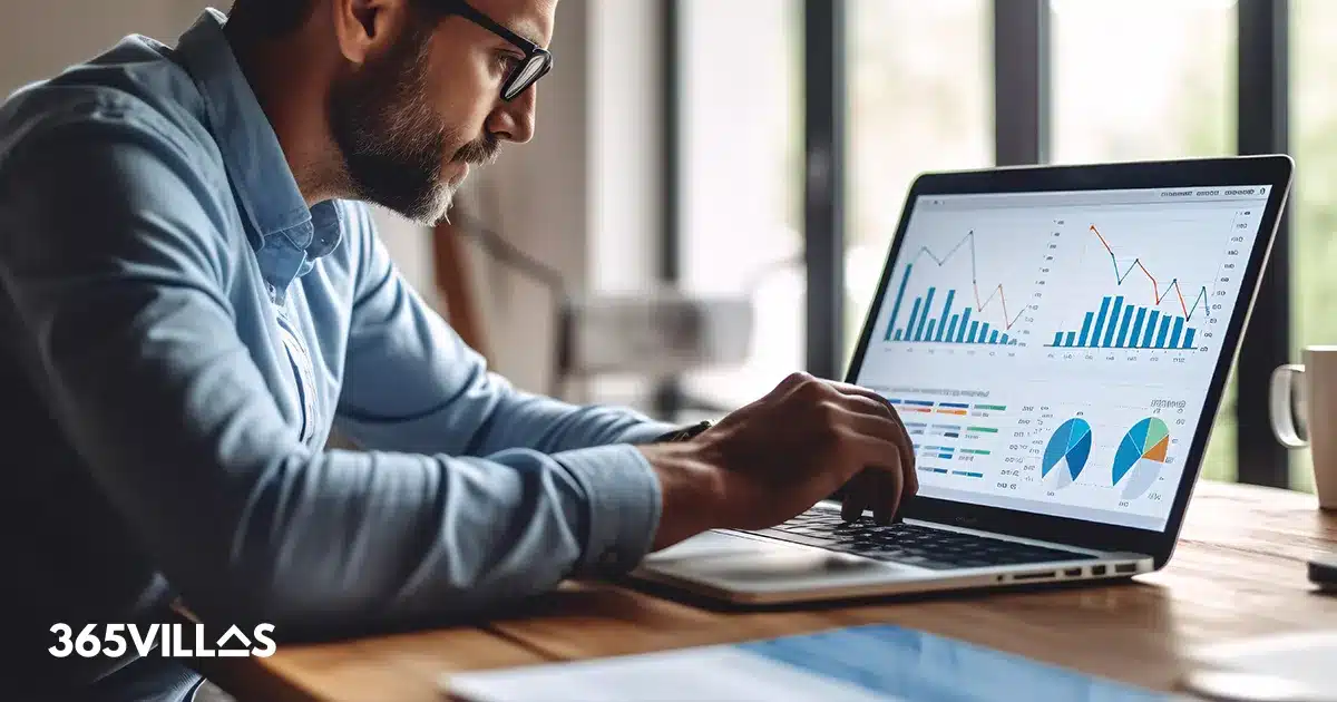 Man using laptop checking data analytics